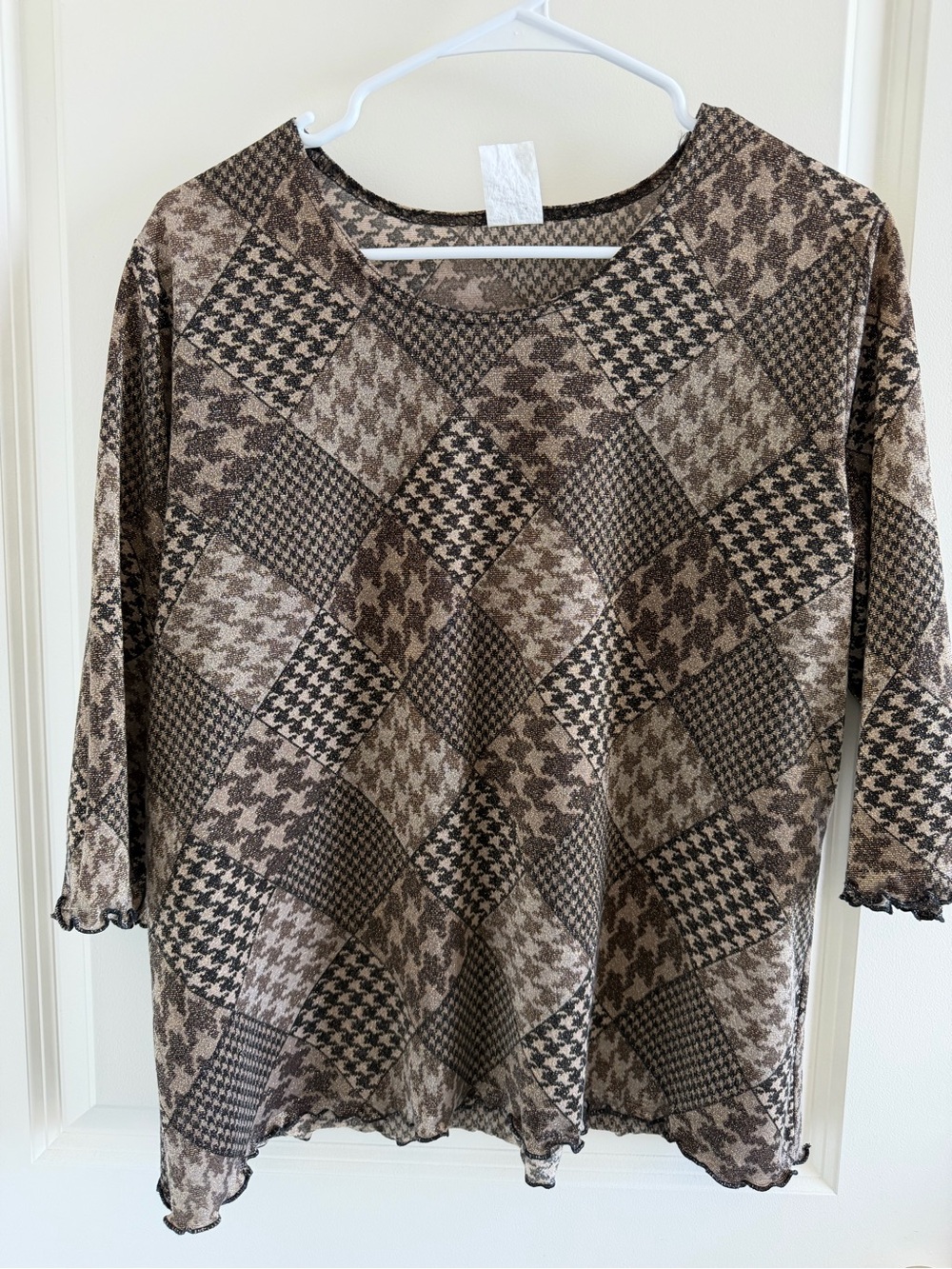 🥭2 for $9 Patchwork Houndstooth Long-Sleeve Blouse - Brown/Black